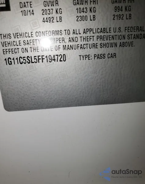 2015 Chevrolet Malibu 1Lt z USA, uszkodzony, nr VIN 1G11C5SL5FF194720